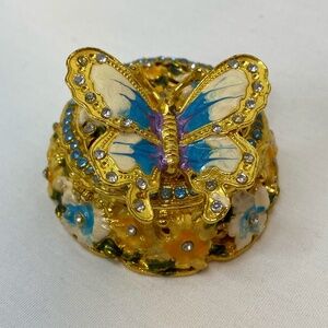 Enamel & rhinestone floral & butterfly metal hinged magnetic jewelry trinket box